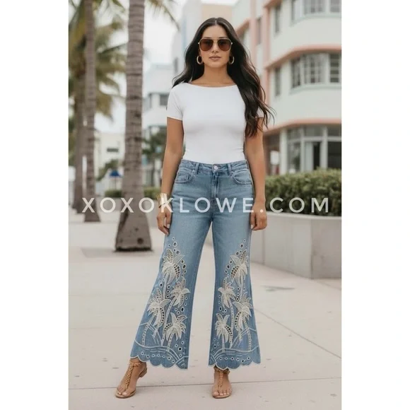 Oli & Hali Palm Tree Eyelet Embroidered Wide Leg Jeans | Mineral Wash Denim - Picture 8 of 8